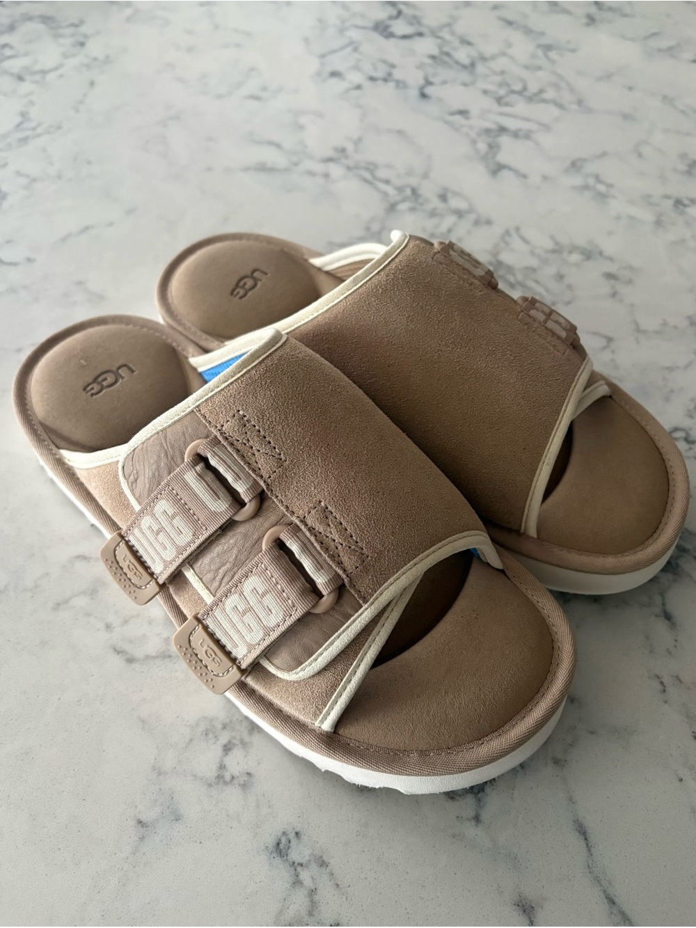 UGG Neutral Tan Slide Sandals - Soft Suede Comfort